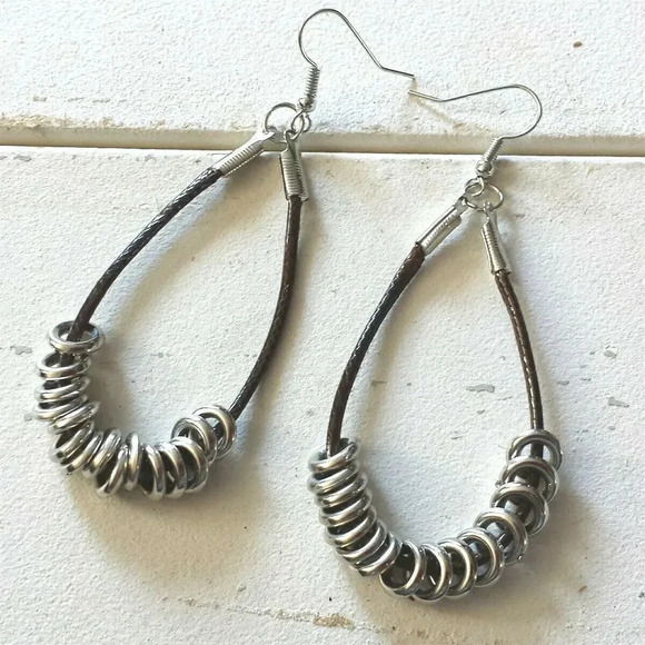 Hand Craft Dark Brown Long Polyester Cord Silver Tone Rings Dangle Hoop Earrings - Picture 1 of 2